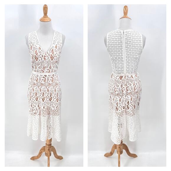 Barneys New York Dresses & Skirts - BARNEYS NEW YORK Crochet Lace Dress Womens XS White V-neck Sleeveless Tulip Midi